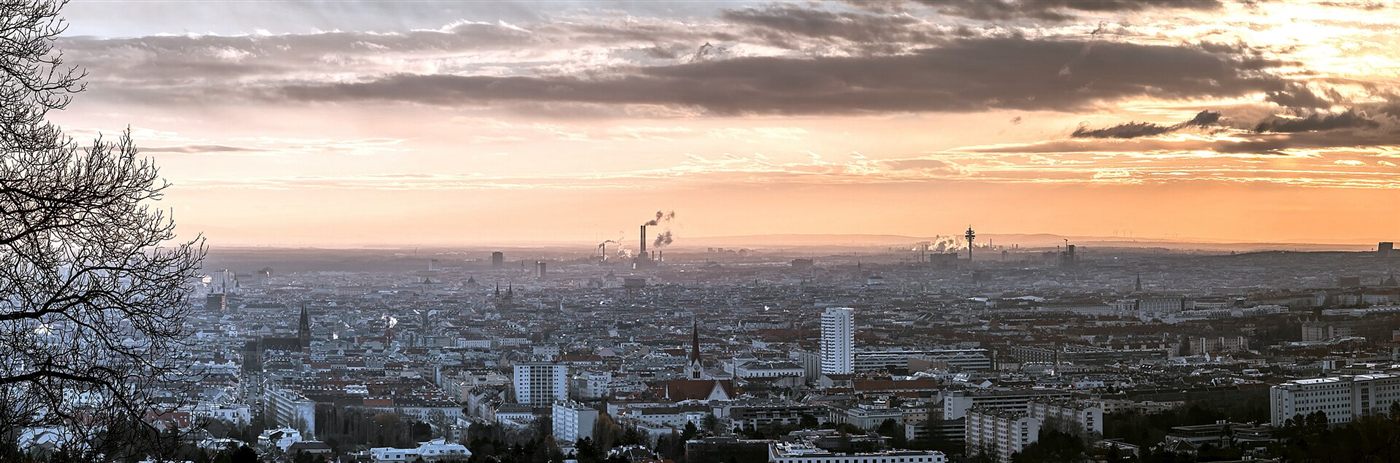 A city skyline at dawn